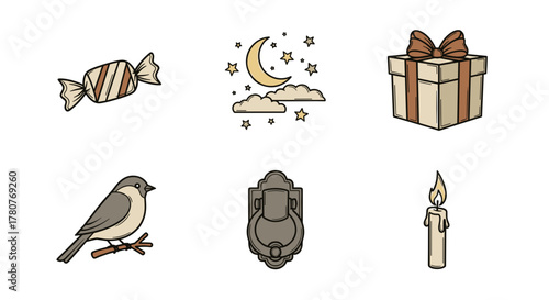 Candle flame, candy, bird, moon, gift, and door knocker in festive theme  