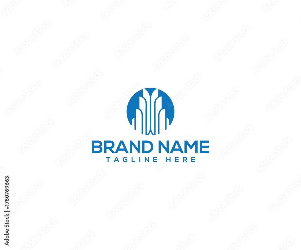 Obraz premium Blue Cityscape Logo Design: A modern and sleek logo design featuring an abstract cityscape, rendered in cool blue hues, and contained within a circular frame.