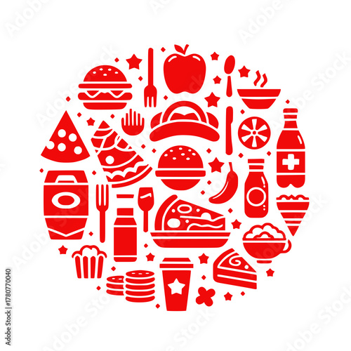 Culinary Collection in Circle: A vibrant collection of food icons, artfully arranged in a circle, symbolizing the diverse world of culinary delights.