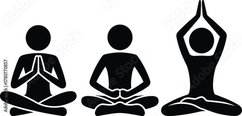 Collection of three yoga icons in black showing various meditation and stretching poses for fitness