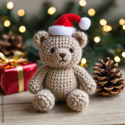 Handmade Knitted Teddy Bear with Red Santa Hat, Festive Christmas Toy with Pine Cone and Gift Box, Cozy Holiday Decor for Seasonal Celebrations