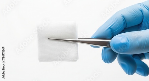 Close-up of a hand holding gauze with tweezers while wearing latex gloves