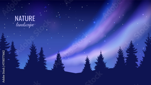 Northern Lights. Bright glow in the night sky. Vector illustration.