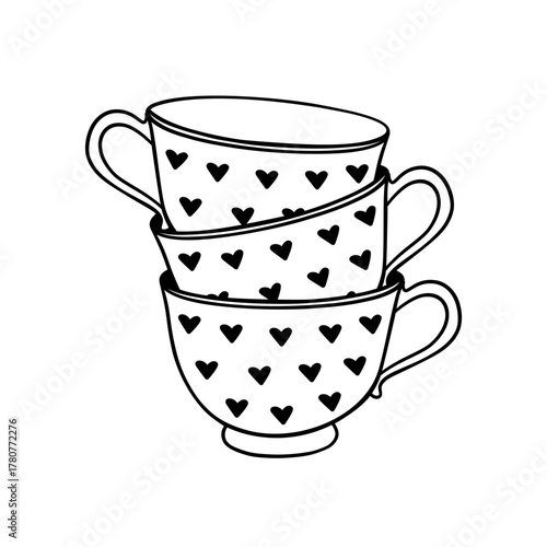 Hand Drawn Stack of Cups. Romantic and Whimsical Vector Illustration