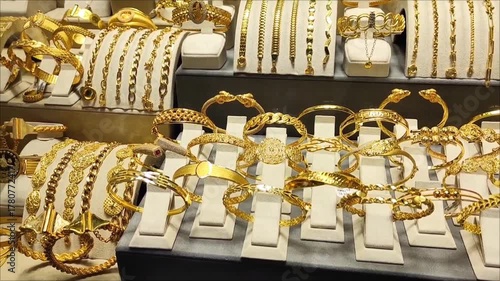 Beautiful women's jewelry gold bracelets with decorative patterns on the shop window.