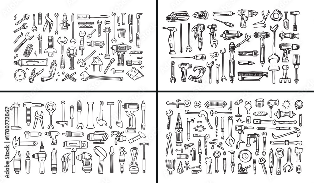 Fototapeta premium mechanic tools illustration, engineering tool vector, hardware equipment doodle, carpenter toolbox sketch, construction and repair design, hand drawn wrench art, creative tool collection, industrial g