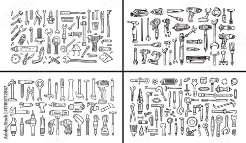 mechanic tools illustration, engineering tool vector, hardware equipment doodle, carpenter toolbox sketch, construction and repair design, hand drawn wrench art, creative tool collection, industrial g