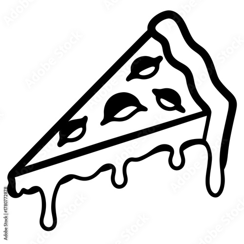 “Stylized pizza slice with melting cheese, drawn in thick black ink outlines.”
