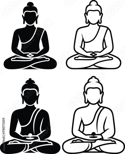 Yoga icons set featuring buddha meditation posture outline and silhouette for fitness and wellness design