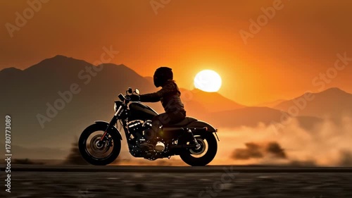 Silhouette of a motorcyclist riding at sunset with orange sky and distant mountains. with warm glow!