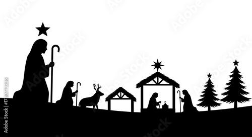 Minimal Christmas Nativity Symbols Silhouette Icon Set – Holy Biblical Scene Vector Graphics for Sacred Holiday Design and Religious Decoration