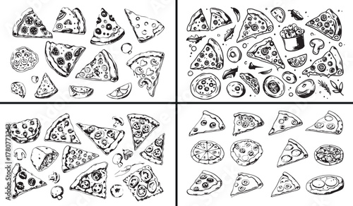 pizza slices vector, fast food illustration, homemade pizza design, italian restaurant sketch, cheesy pizza slice doodle, food and meal art, creative italian cuisine vector, delicious pizza graphics, 