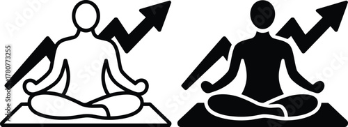 Yoga icons set featuring meditation with rising arrow for fitness and wellness growth