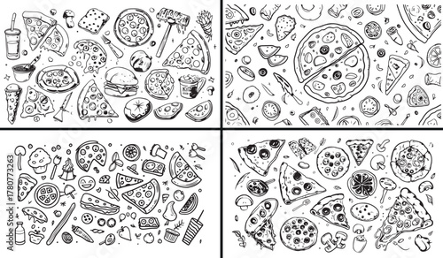 pizza doodle illustration, italian cuisine sketch, restaurant fast food art, hand drawn pizza vector, delicious cheese pizza design, homemade pizza slice doodle, creative food drawing sketch, tasty ba