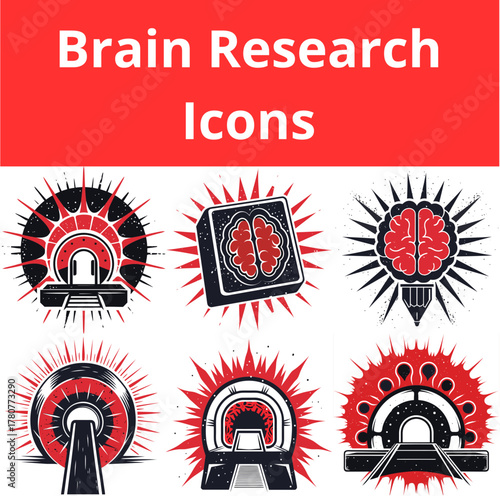 Brain research icons in modern graphic style with red and black colors  