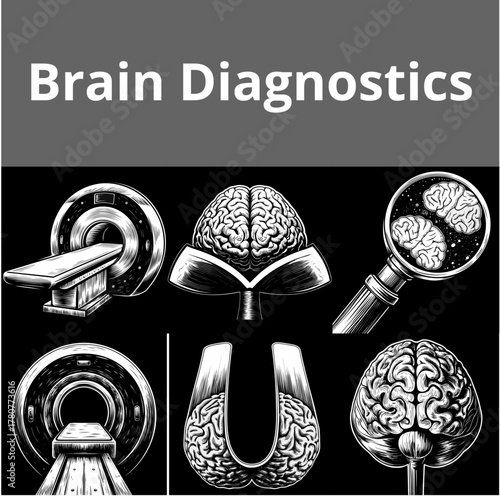 Brain diagnostics icons in black and white illustrating medical tools  