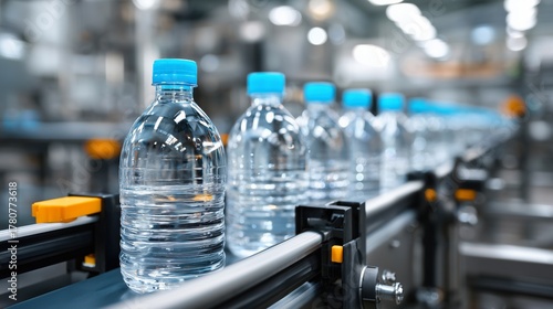 Bottled Water Production: A Close-Up Look at Plastic Water Bottles on a Conveyor Belt in a Modern Manufacturing Facility