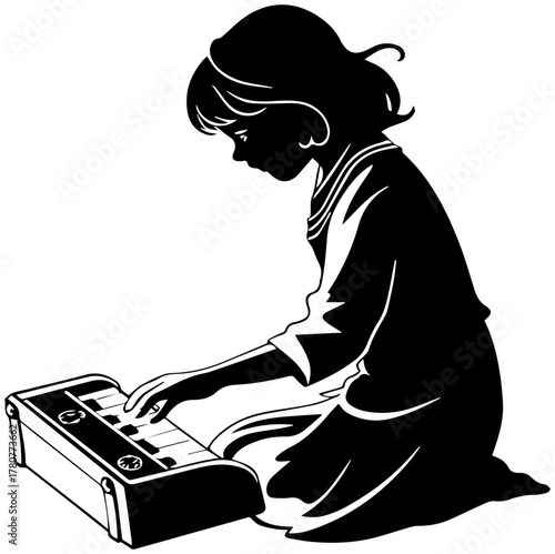 Silhouette of Child Playing Xylophone – Vector Illustration