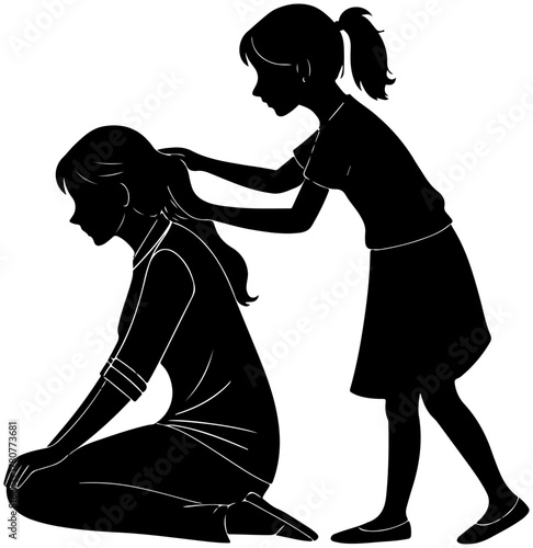 Silhouette of Person Braiding Hair of Kneeling Individual – Vector Illustration