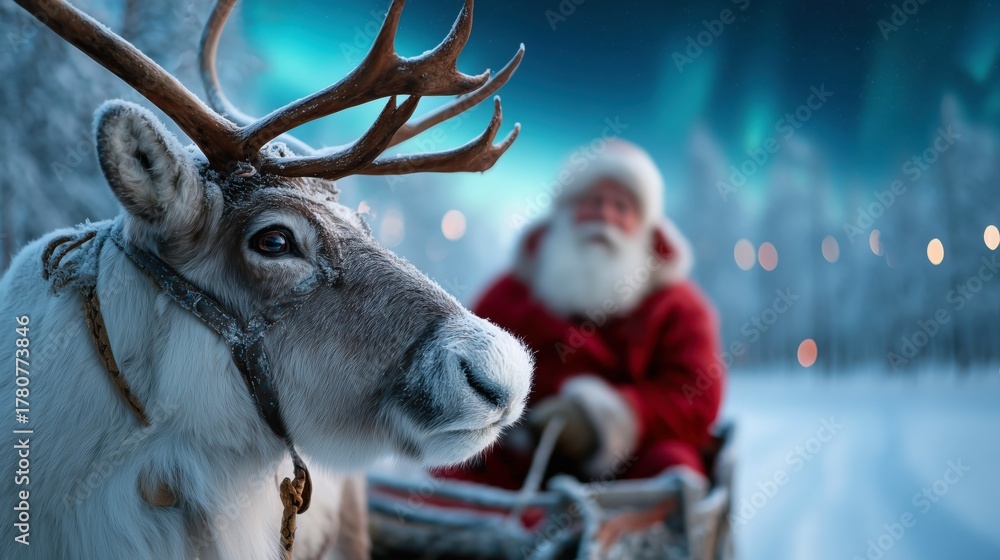 Naklejka premium Enchanting Scene of a Reindeer in Snowy Landscape with Santa Claus Sledding Under Northern Lights