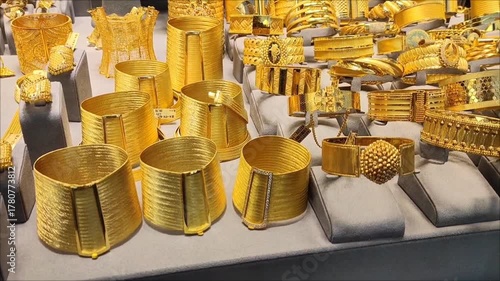 Beautiful women's jewelry gold bracelets with decorative patterns on the shop window.
