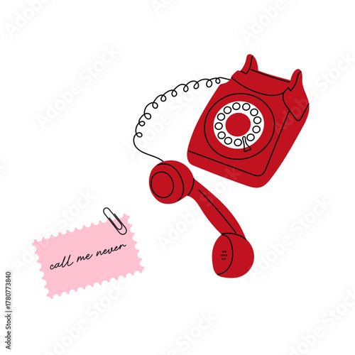 Retro red phone and note with text “Call me never”. Minimal vintage love illustration, broken heart concept, Valentine’s Day rejection theme, flat romantic design 