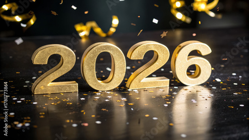 Golden 3D numbers “2026” with confetti