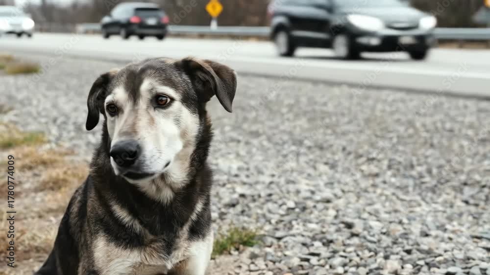On a tranquil afternoon, a friendly dog sits by the roadside ...