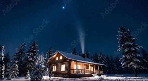 Cozy Log Cabin in Snowy Winter Night Forest stock