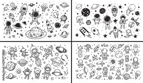 space doodle illustration, galaxy and planets vector, outer space art, solar system drawing, spacecraft and rockets design, hand drawn universe clipart, science cosmos illustration, creative astronomy