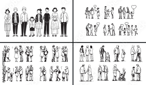 family doodle illustration, people character vector, community sketch art, friendship and relationship drawing, social life doodle, family members illustration, hand drawn people vector, cultural comm