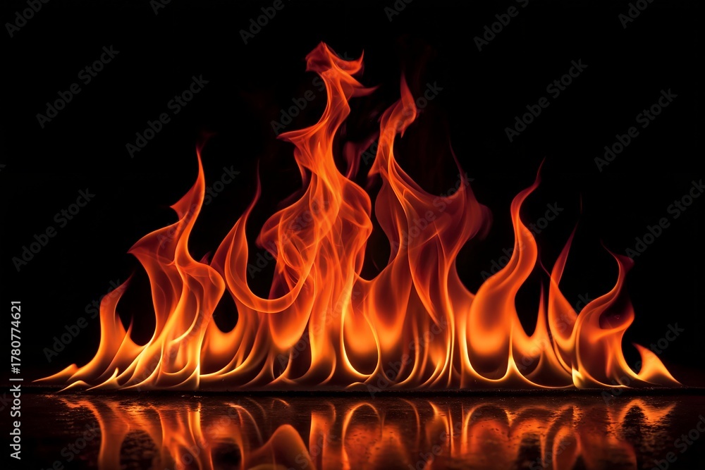 Fototapeta premium Intense fire flames rising dramatically on deep black background, symbolizing energy, power, strength, and heat in visual design