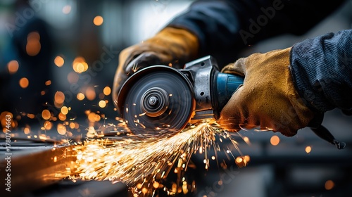Close-Up of a Craftsman Using an Angle Grinder to Shape Metal, Sparks Flying, Showcasing the Art of Metalworking and Precision in Industrial Settings