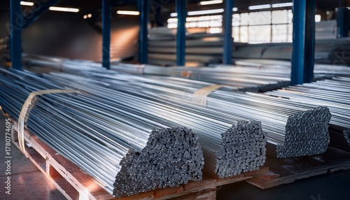 bundled aluminum rods organized in warehouse await remelting to produce foil alloys metal products in metallurgy industry