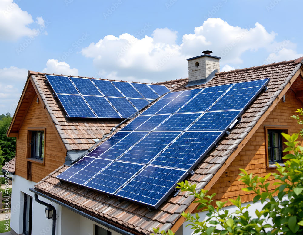 Fototapeta premium Solar panels on modern eco house roof under clear sky, renewable energy, sustainable architecture