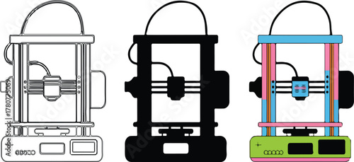 Set of Three Dimensional Printer Illustrations for Technical and Creative Projects