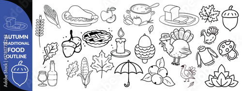 Autumn traditional food icon, thanksgiving day holiday table hand drawn doodle line illustration set. Harvest fall pumpkin, celebration turkey, dessert pie, November eatery design element. Autumn food