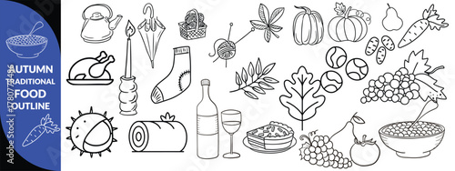 Autumn traditional food icon, thanksgiving day holiday table hand drawn doodle line illustration set. Harvest fall pumpkin, celebration turkey, dessert pie, November eatery design element. Autumn food