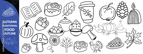 Autumn traditional food icon, thanksgiving day holiday table hand drawn doodle line illustration set. Harvest fall pumpkin, celebration turkey, dessert pie, November eatery design element. Autumn food