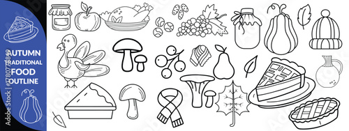 Autumn traditional food icon, thanksgiving day holiday table hand drawn doodle line illustration set. Harvest fall pumpkin, celebration turkey, dessert pie, November eatery design element. Autumn food
