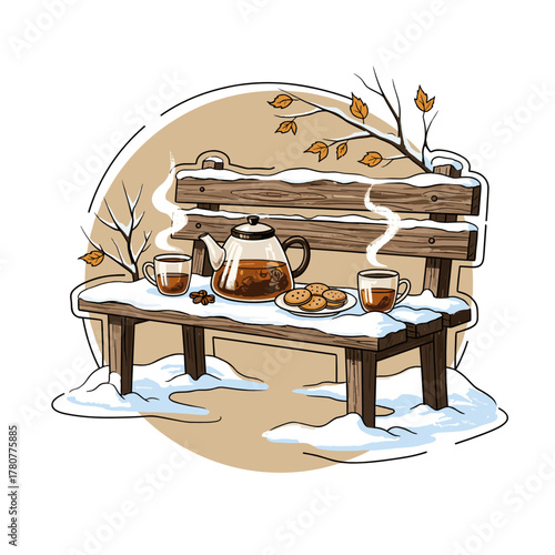 Herbal tea set with steam on snow-covered bench in winter scene  