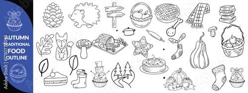 Autumn traditional food icon, thanksgiving day holiday table hand drawn doodle line illustration set. Harvest fall pumpkin, celebration turkey, dessert pie, November eatery design element. Autumn food