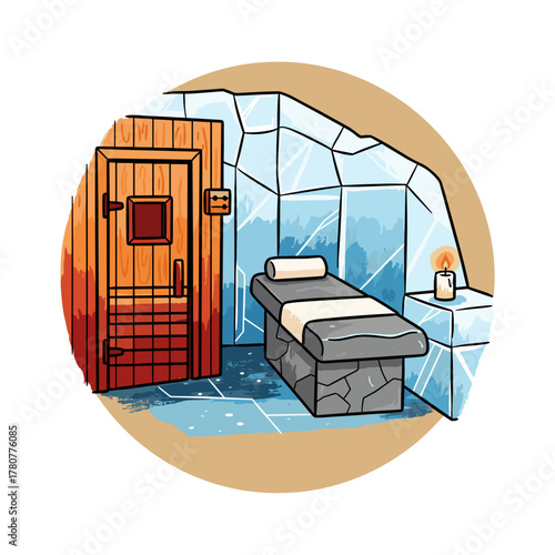 Spa with ice walls and wooden sauna door in winter wellness scene  