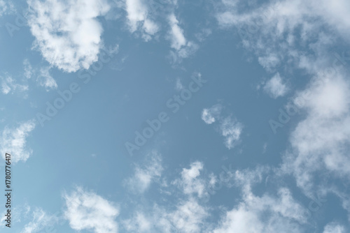 Soft pastel blue sky with white cirrus clouds. Copy space. Background