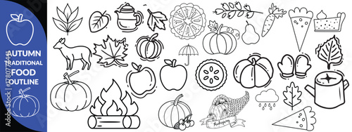 Autumn traditional food icon, thanksgiving day holiday table hand drawn doodle line illustration set. Harvest fall pumpkin, celebration turkey, dessert pie, November eatery design element. Autumn food
