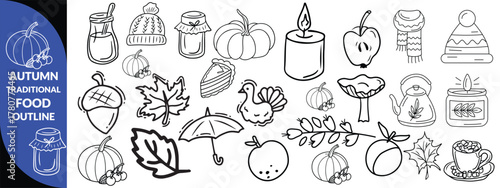 Autumn traditional food icon, thanksgiving day holiday table hand drawn doodle line illustration set. Harvest fall pumpkin, celebration turkey, dessert pie, November eatery design element. Autumn food