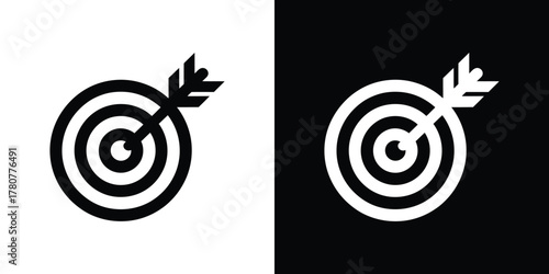 Black and White Arrow Hitting Target Center, Archery, Goal Hit, Flat Style Icon