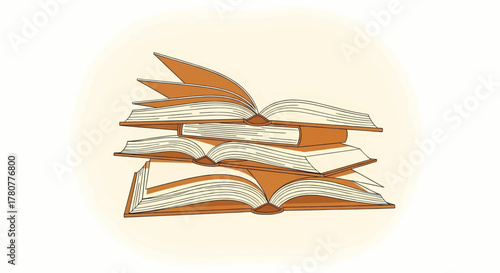 A stack of open books in a hand-drawn style, a vector illustration for education or library concepts