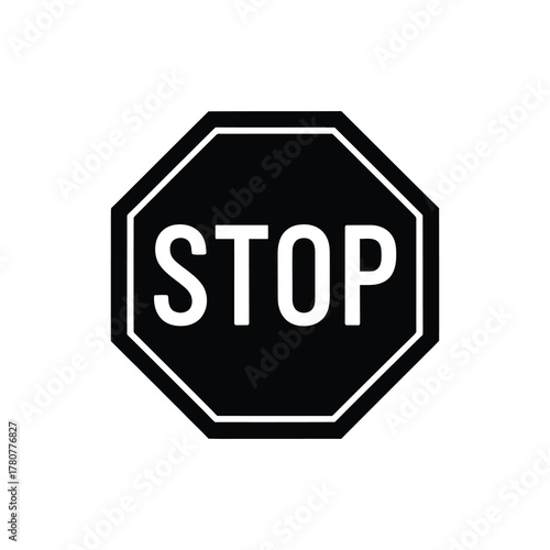 Black octagonal stop sign with white letters on transparent background