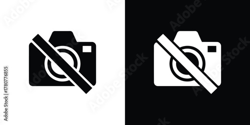 Camera with Line Through, No Photography Sign, Black and White Silhouette Icon